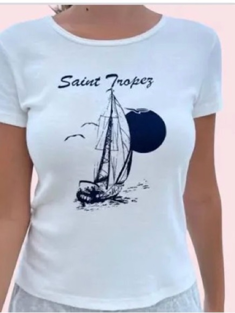 Brandy Melville White Tee with Navy Sailboat Graphic